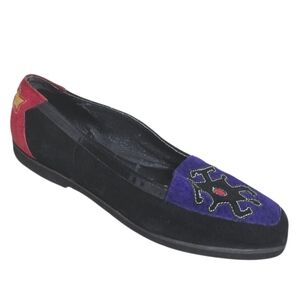 LJ Simone Vintage Black Suede Colorful Embroidered Women's Loafers